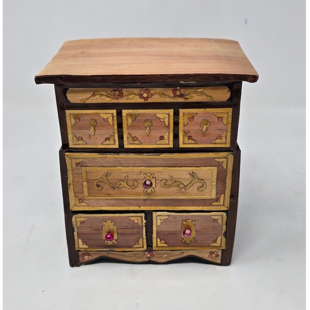 Vtg Meow Reo 1978 straw bamboo marquetry balsa wood trinket jewelry box